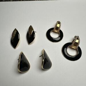 Black Enamel & Gold Tone Pierced Earrings Lot Of 3